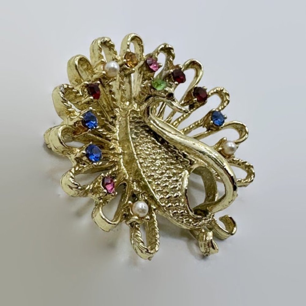 Peacock Brooch, Bird Pin, Vintage, Gold Metal, Rainbow Rhinestones, Pearl,Glass